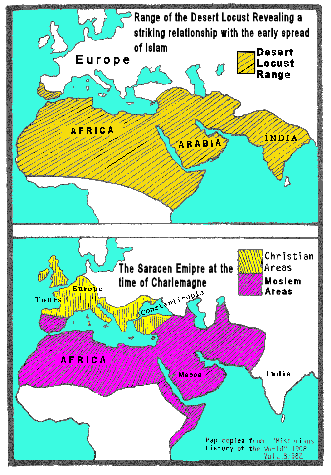 small map of desert locust range compared to the Saracen Empire range